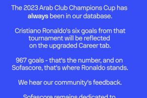 曾不算阿拉冠进球,Sofascore回应:已更新,C罗进球就是967球